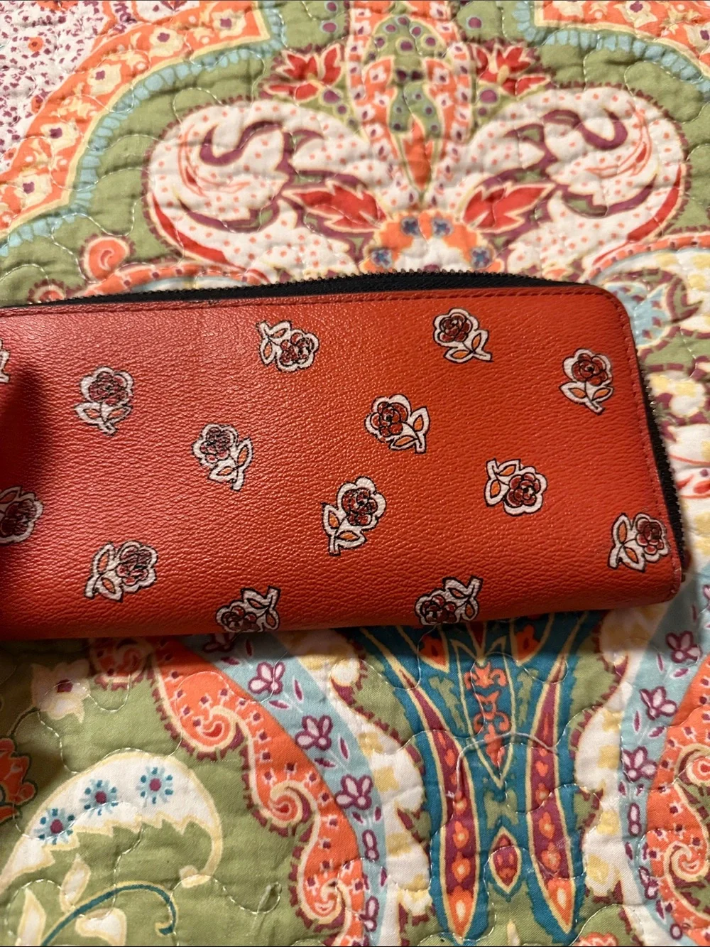 Coach Coral Red Floral Zip-Around Wallet
